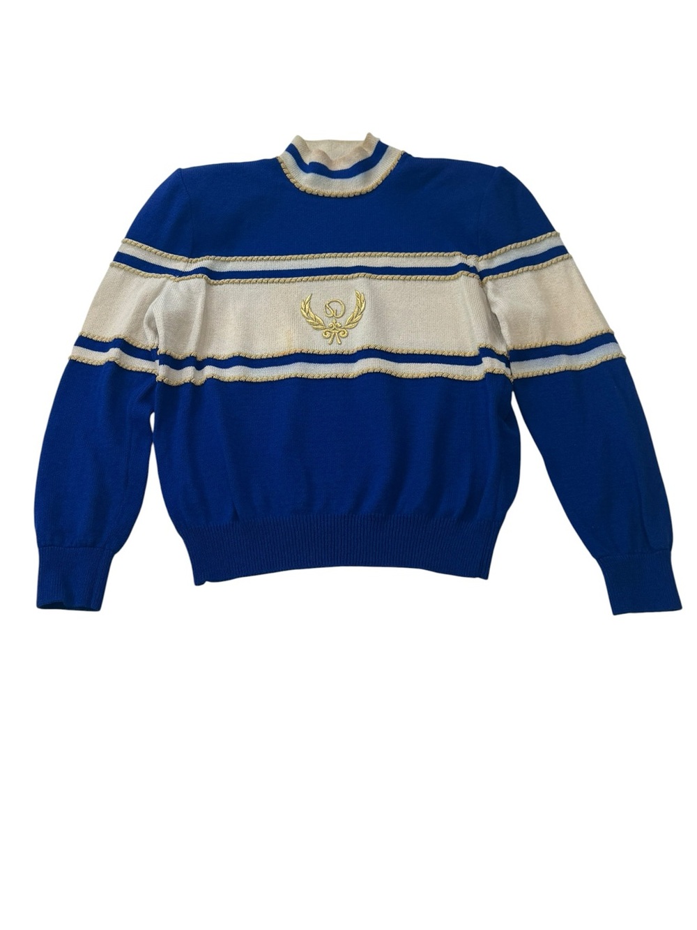 St. John Collection Blue, Cream & Gold Emblem Crewneck Sweater Coastal Medium